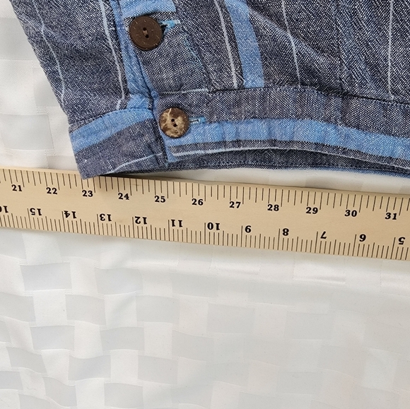 Indigo Rein Blue Striped Linen Flat Front Six Button Distressed Hem Pants Size 7 - Picture 7 of 8